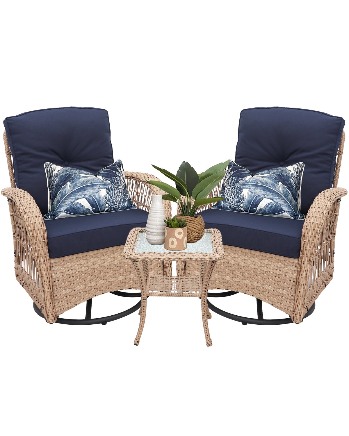 Swivel Rocker Patio Chairs Set of 2 with Matching Table- Navy Cushion with Natural Wicker