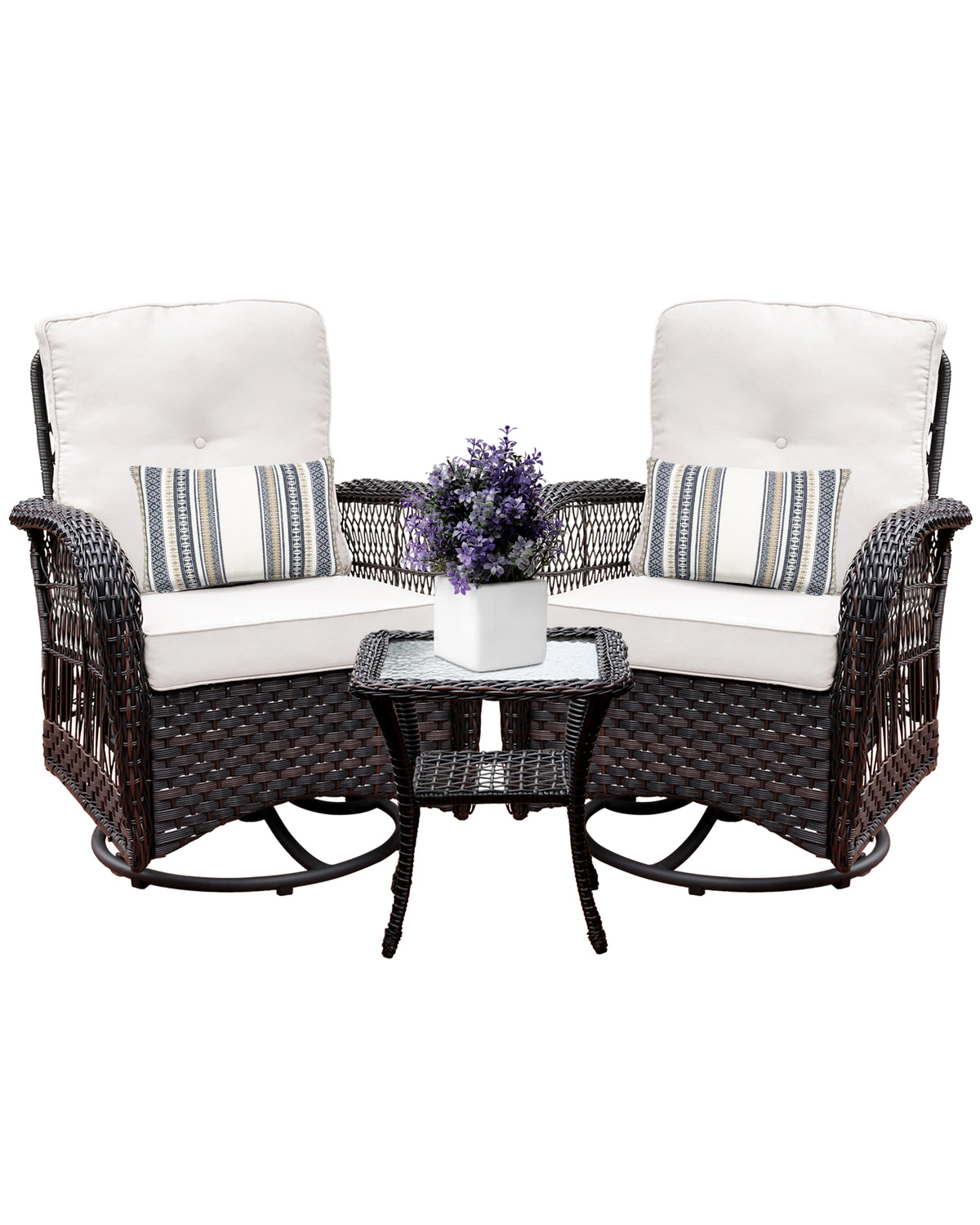 Swivel Rocker Patio Chairs Set of 2 with Matching Table- Beige cushion with Dark Brown Wicker