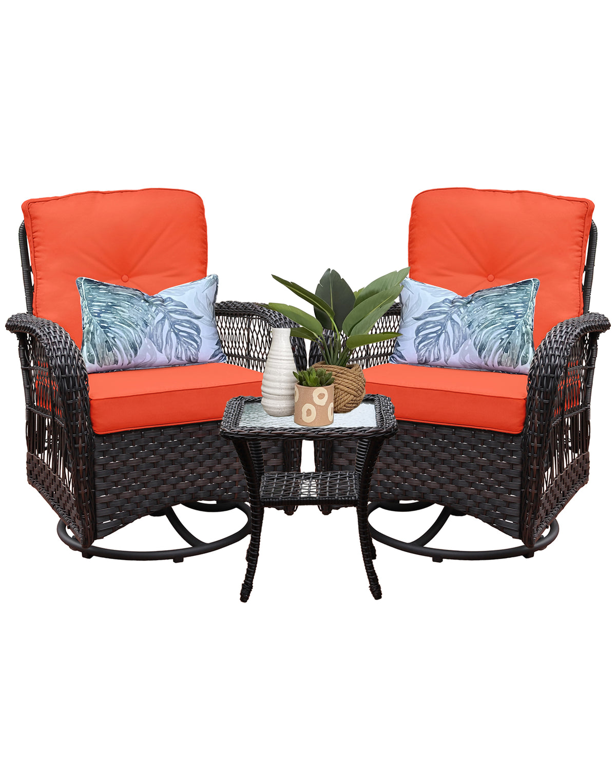 Swivel Rocker Patio Chairs Set of 2 with Matching Table- Orange cushion with Dark Brown Wicker