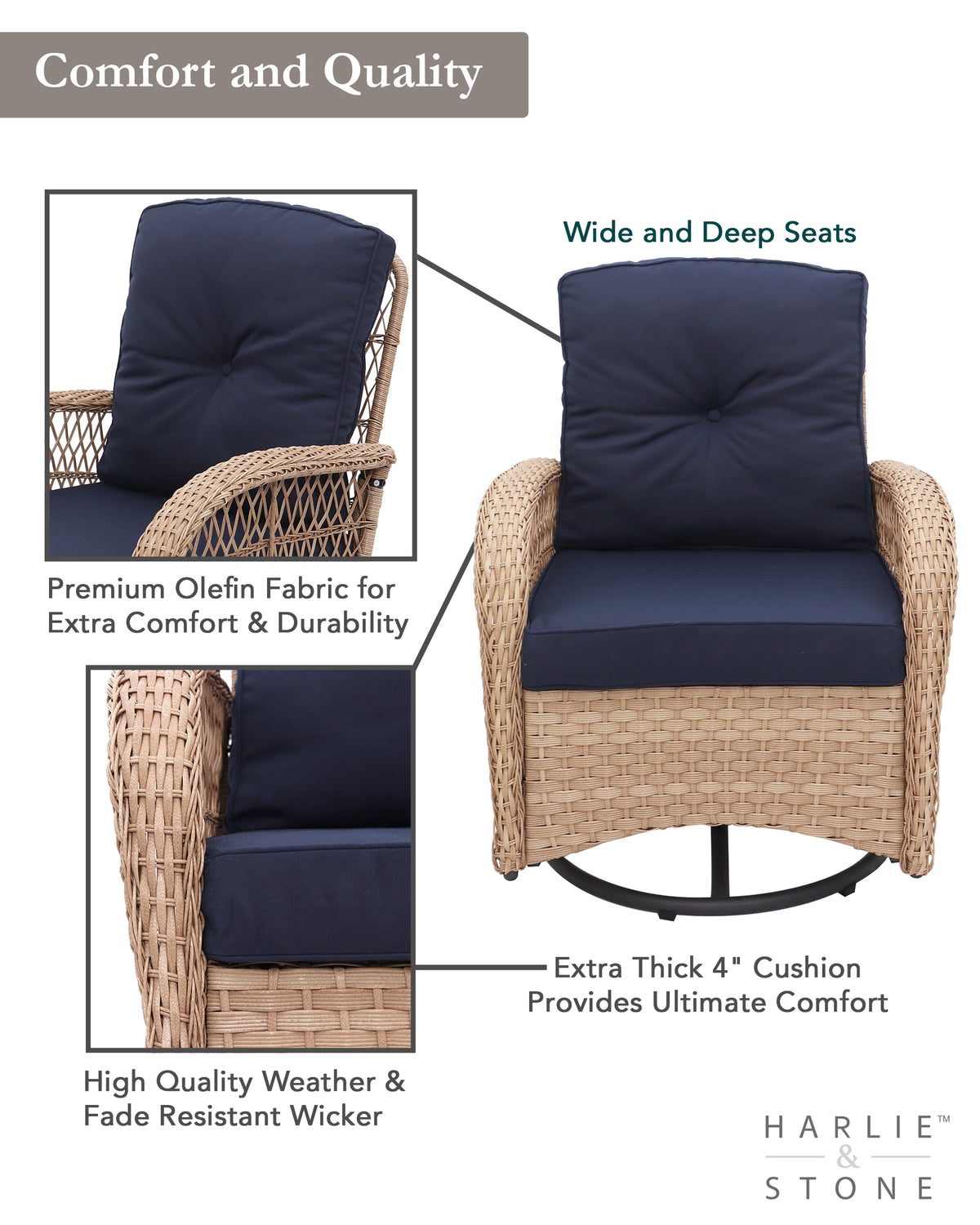 Swivel Rocker Patio Chairs Set of 2 with Matching Table- Navy Cushion with Natural Wicker